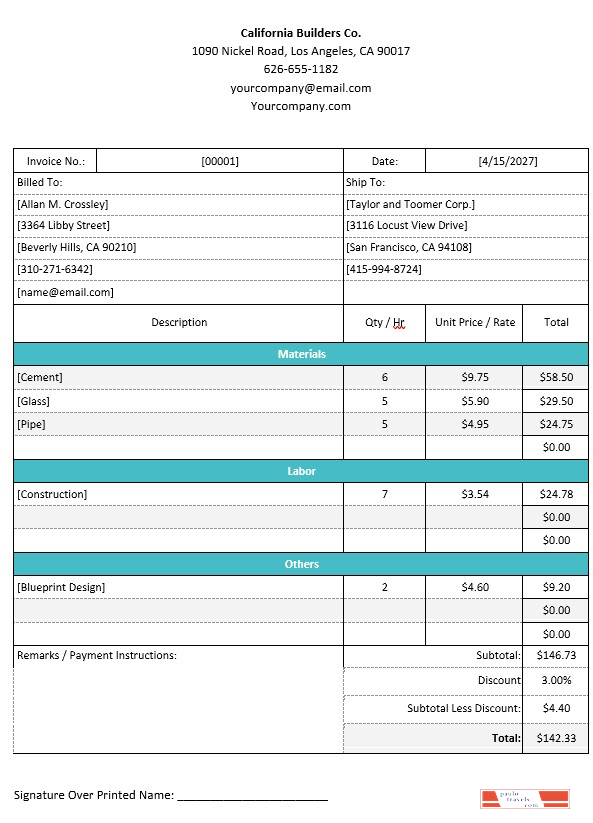 Professional Construction Invoice Template PSD template